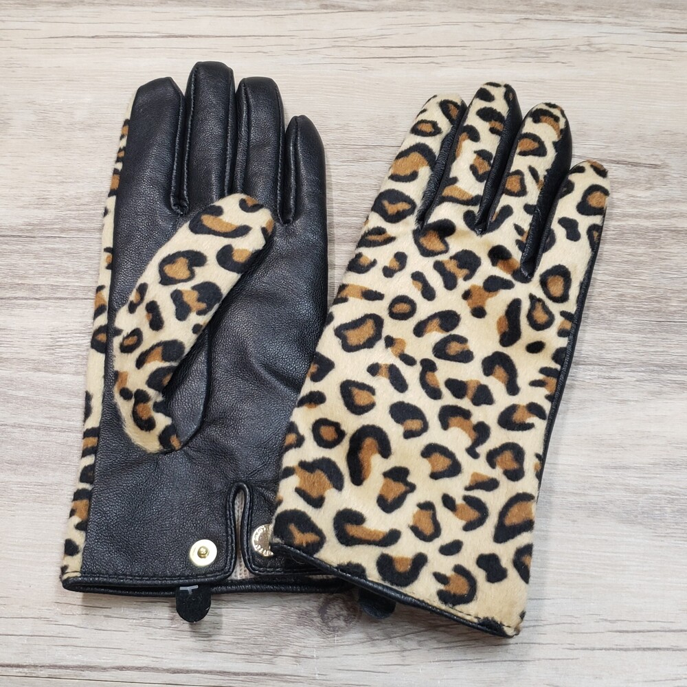 Karl Lagerfeld Leather Gloves Animal Print Leapord Wool Lined Womens M